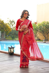 Maharaj Fashion Hub Women's Georgette Saree with Embroidered Lace Border β Ethnic Printed Saree for Festive & Wedding Wear